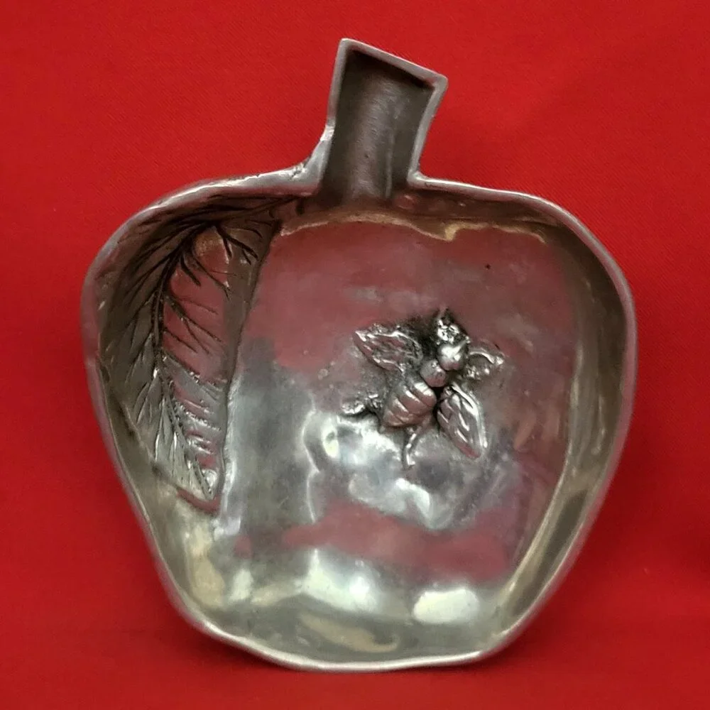 Vintage Metal Apple Shape Trinket Dish Leaf Design Bumblebee